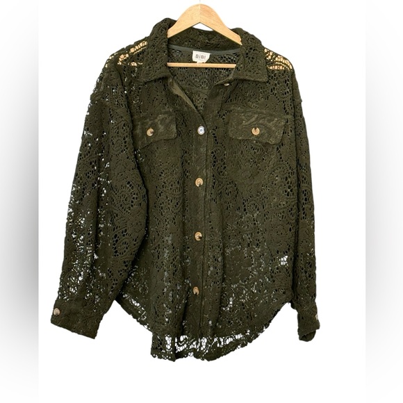 BiBi Tops - Bibi dark green oversized lace button-down shacket Size Large